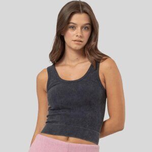 Plain Round Neck Ribbed Stone Washed Tank Tops - Color Black